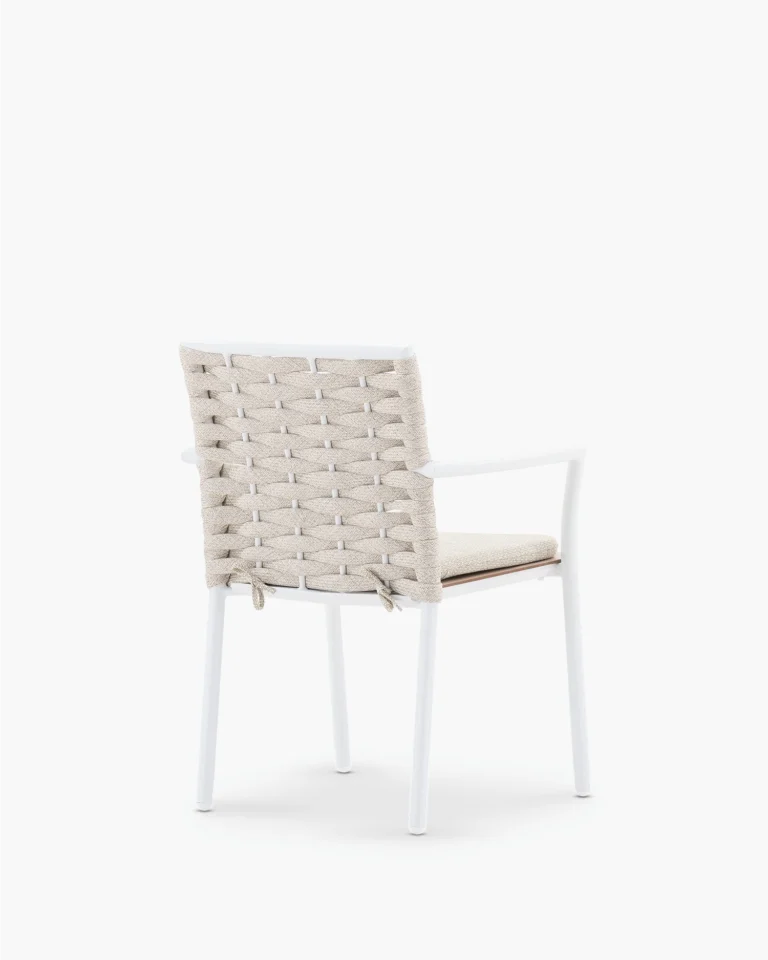 Stackable white garden chair and beige rope