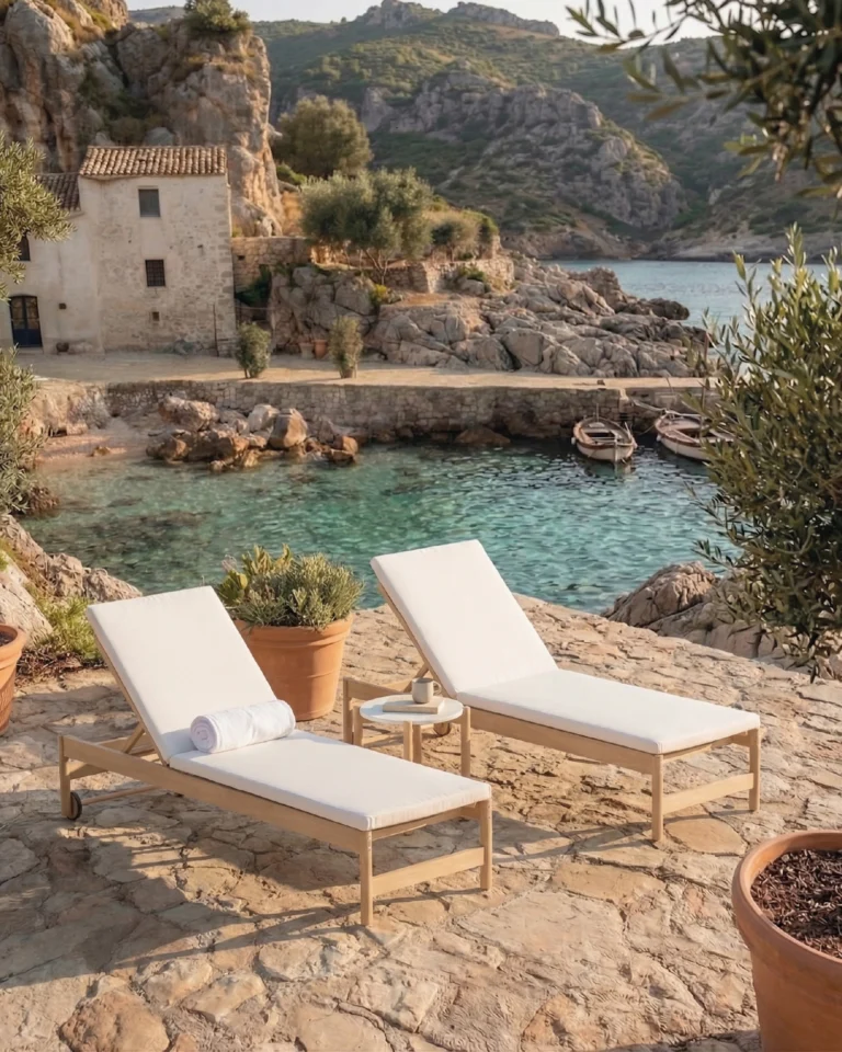 Conjunto 2 tumbonas con ruedas madera con cojines y mesa