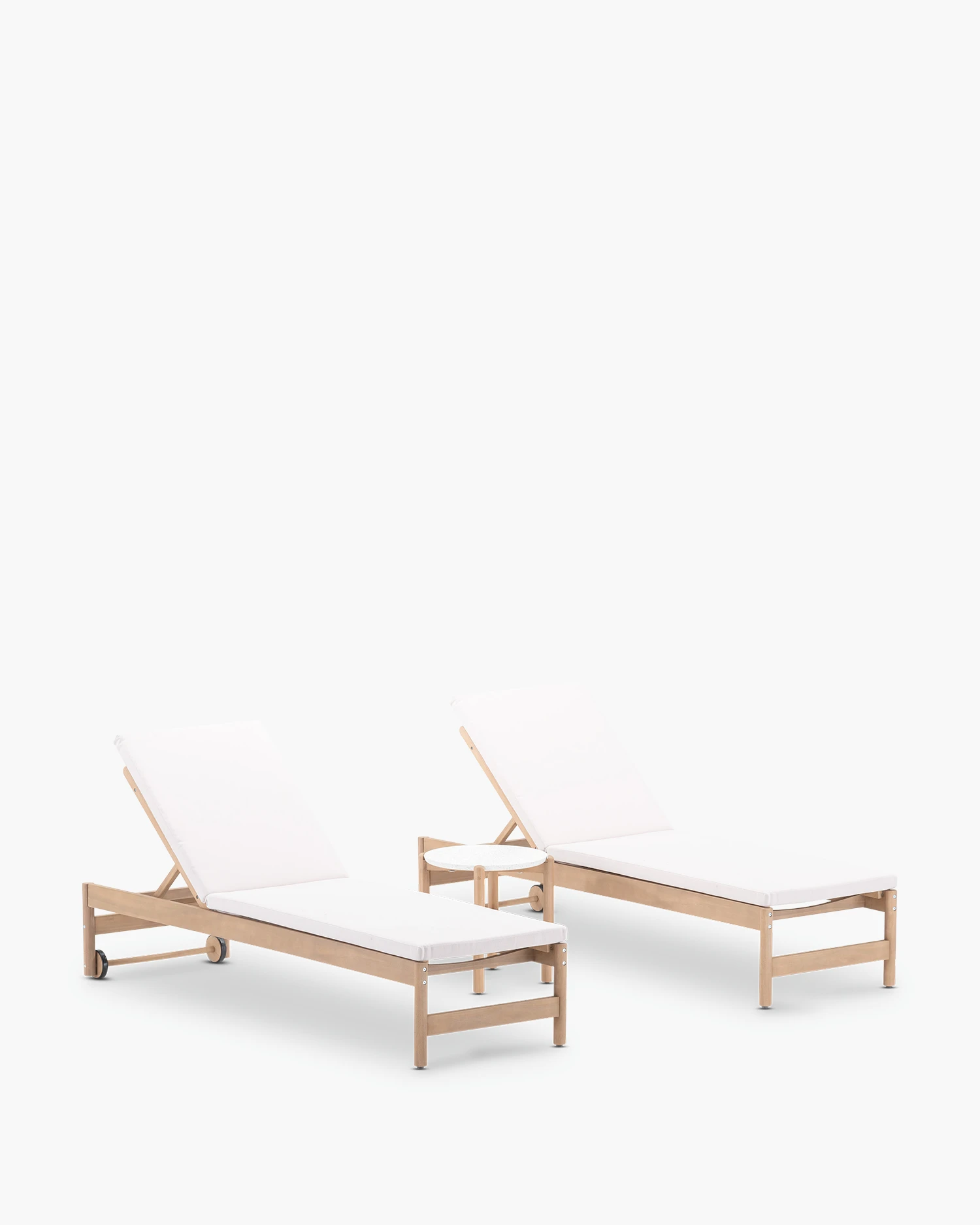 Wooden sun loungers with wheels and side table