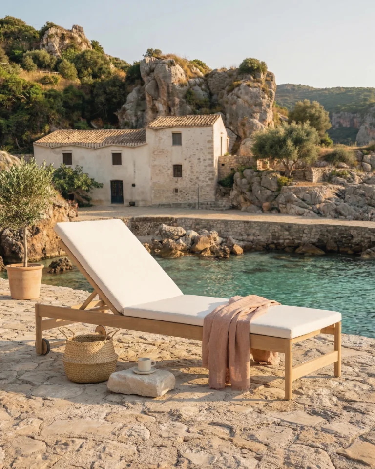 Tumbona con ruedas madera textileno y cojines crudo