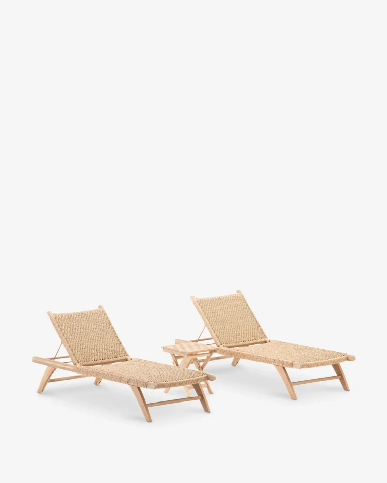 Set of 2 wooden and synthetic rattan sun loungers and table