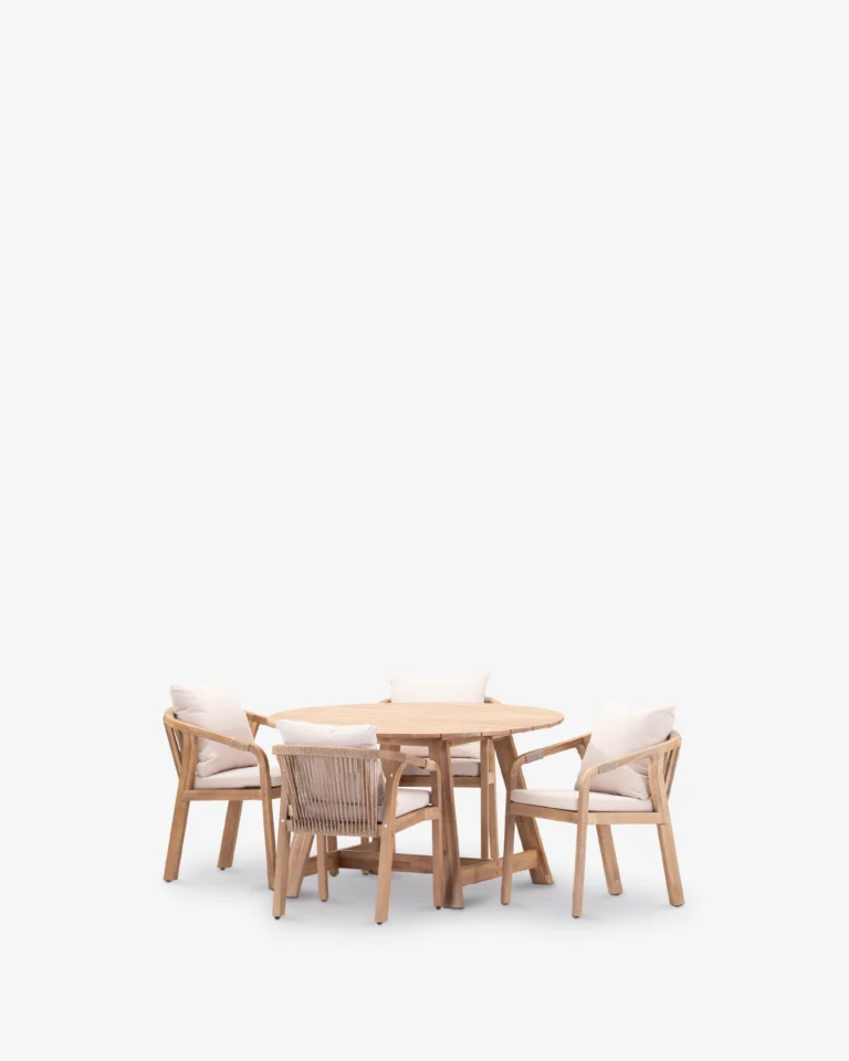 Conjunto comedor de jardín madera redondo 4 plazas