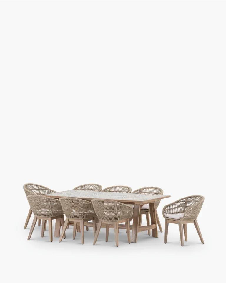 Set da pranzo da giardino idraulico in ceramica e corda 8 posti