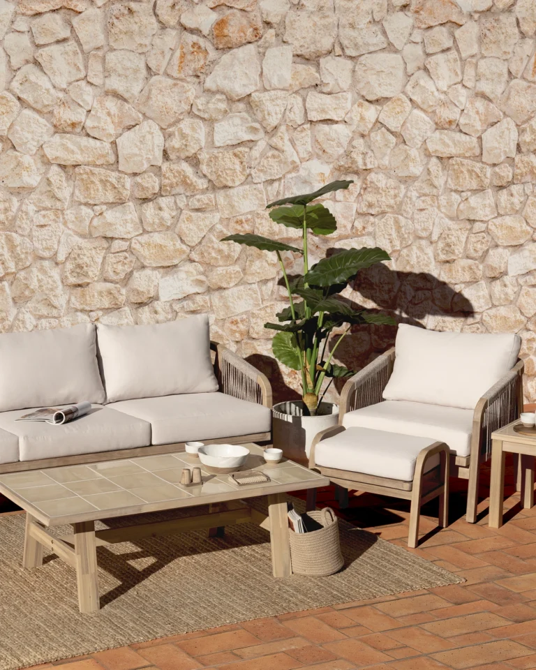 Outdoor footrest wood and beige cushion