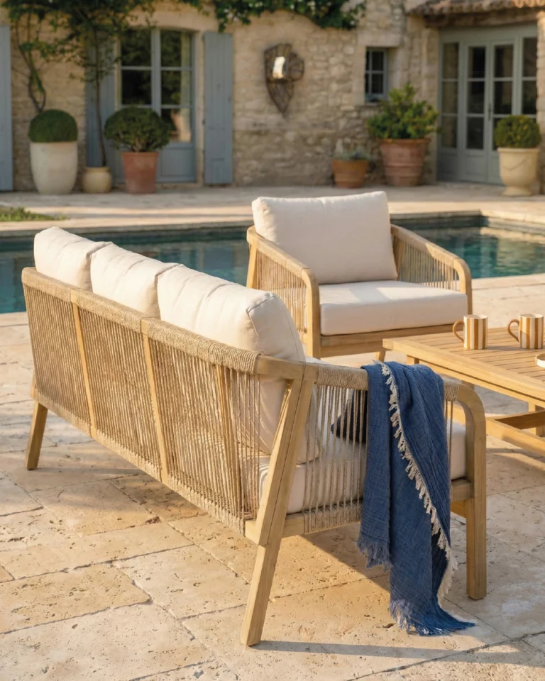 Conjunto de terraza madera y cuerda beige 5 plazas