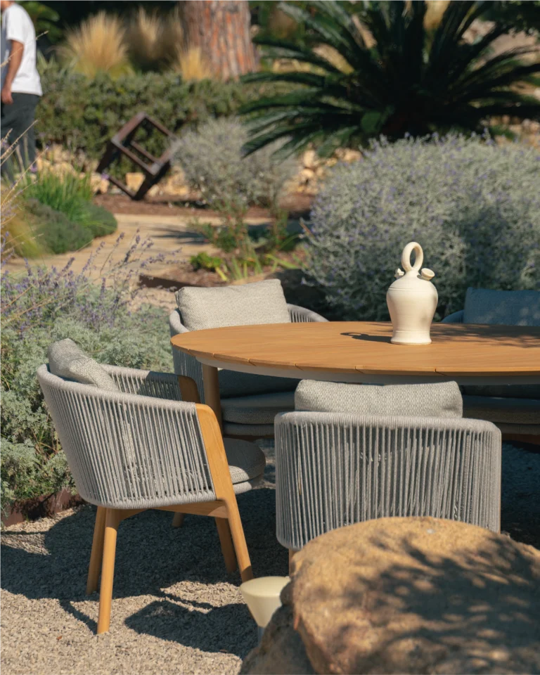 Round garden dining set aluminum and teak 6 seats