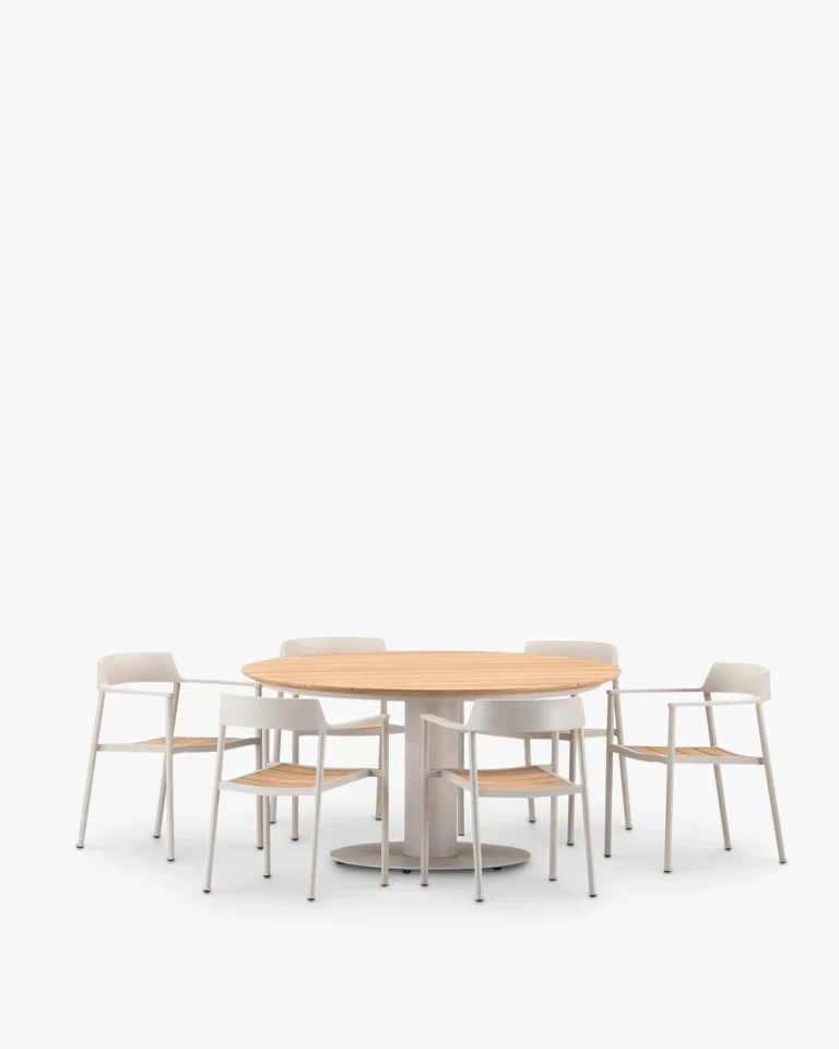 Round garden dining set aluminum and teak 6 seats