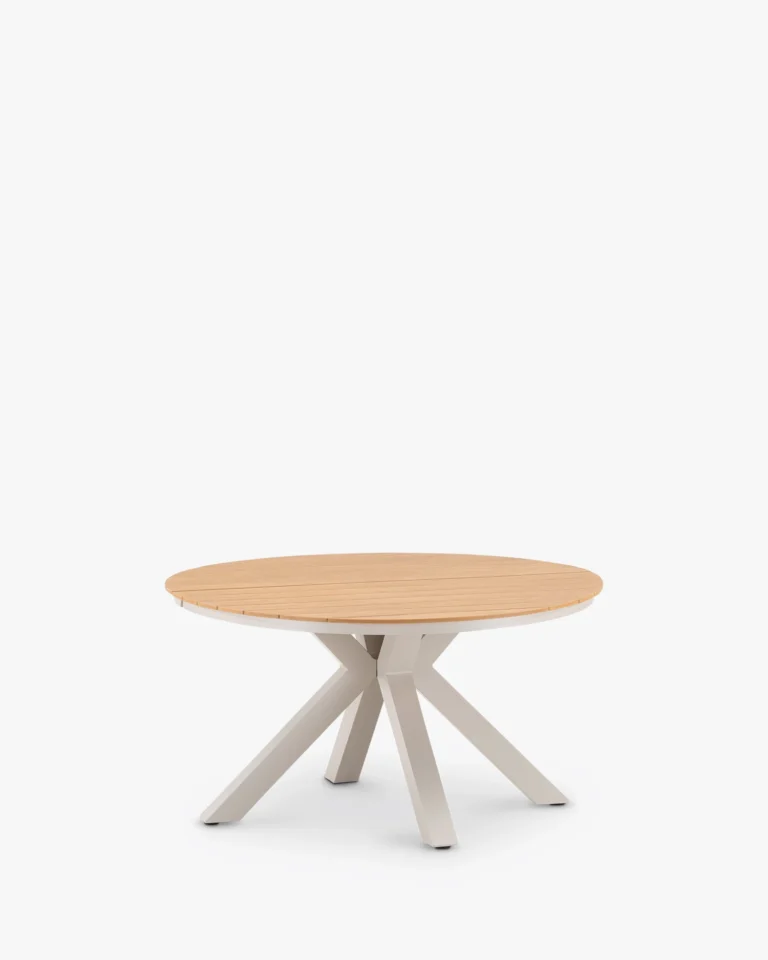 Round beige garden table imitation wood 140cm