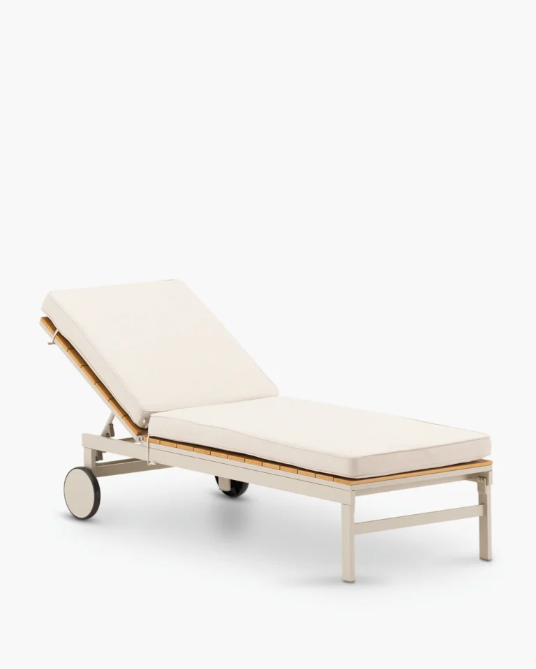 Sun lounger with beige cushion imitation wood