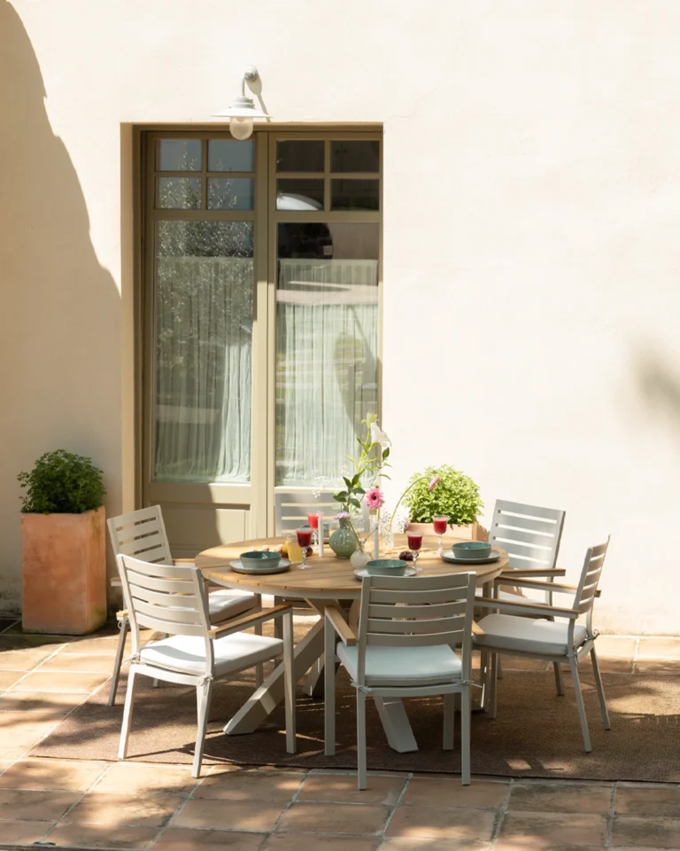 Conjunto de comedor de jardín imitación madera 6 plazas beige