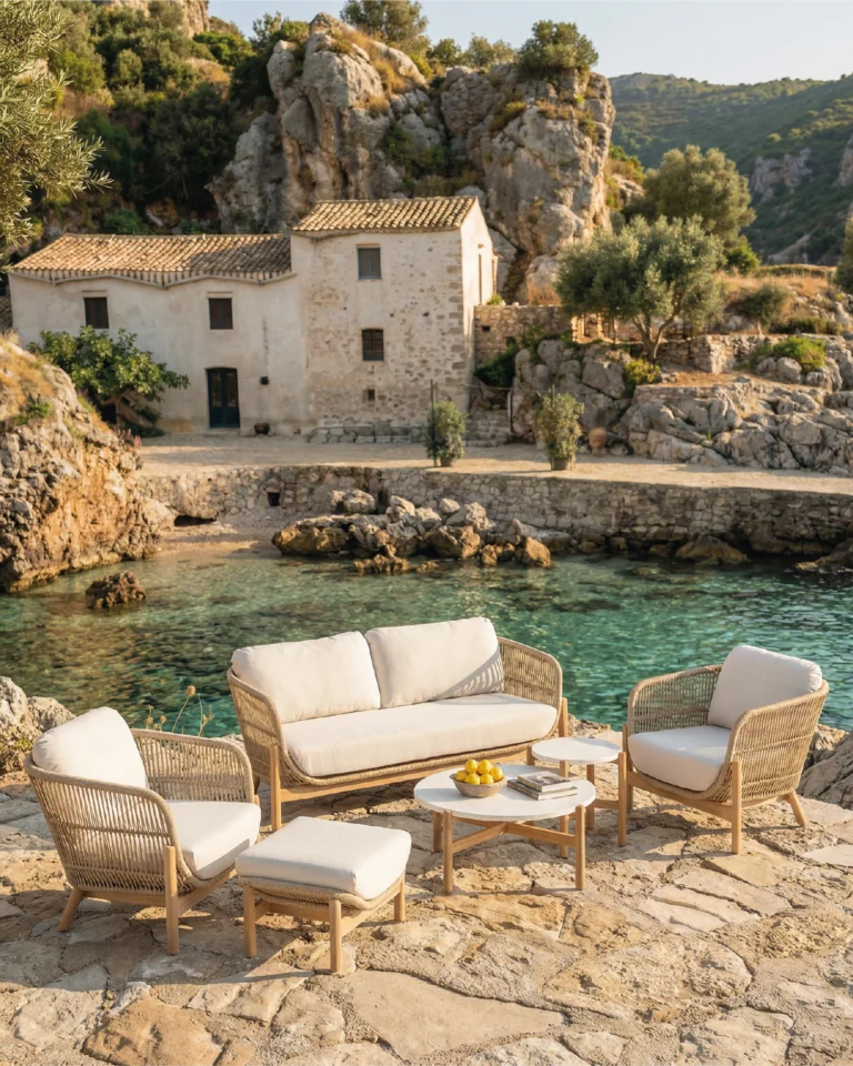 4-Sitzer-Gartengarnitur aus Holz und Seil mit Fußstütze