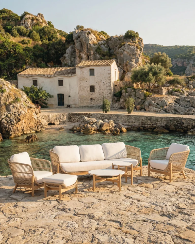 5-Sitzer-Gartengarnitur aus Holz und Seil mit Fußstütze