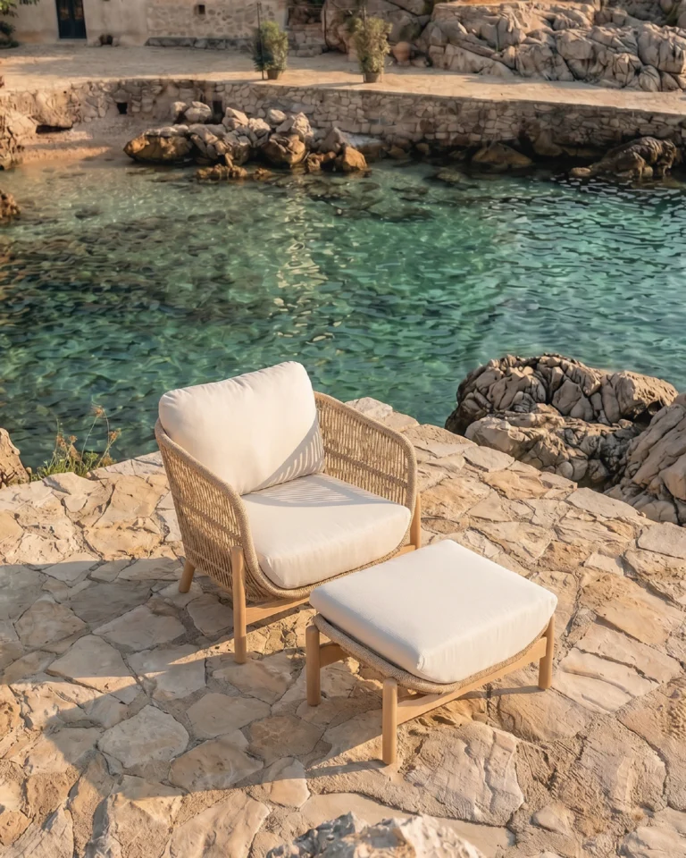 Gartensessel-Set mit Fußstütze aus Holz und Seil