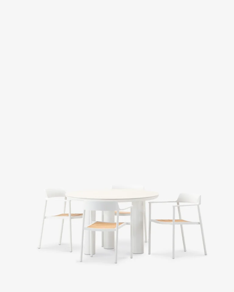 Round 4-seater dining set white aluminum, ceramic and teak