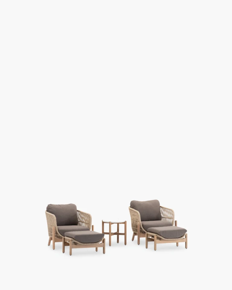 Conjunto de jardín 2 sillones con reposapiés y mesa marrón