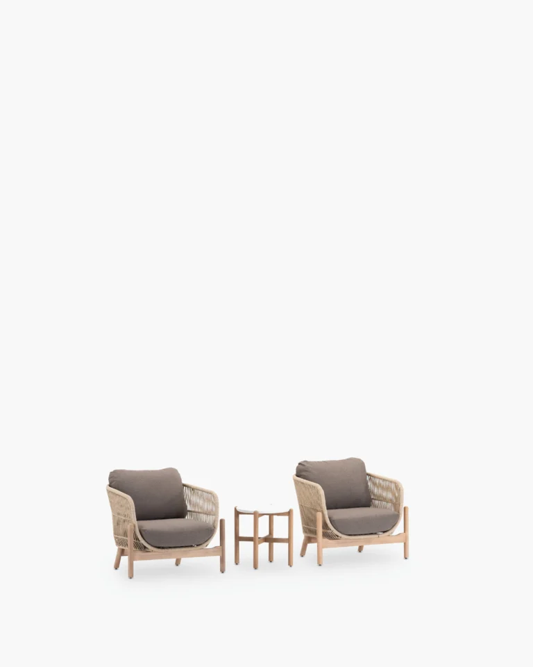 Conjunto de terraza madera y cuerda 2 sillones y mesa marrón