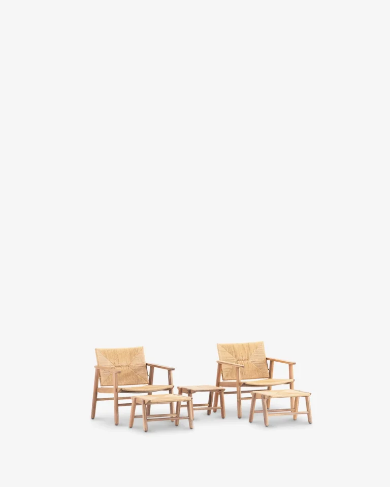 Conjunto de 2 sillones con reposapiés y mesa madera y ratán sintético