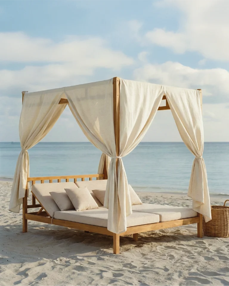 Balinese double bed beige wood