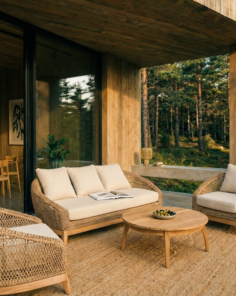 Conjunto de exterior 5 plazas ratán sintético y teca