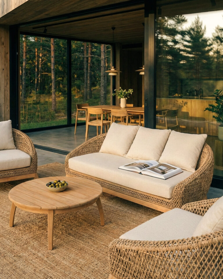 3-seater outdoor sofa synthetic rattan and teak