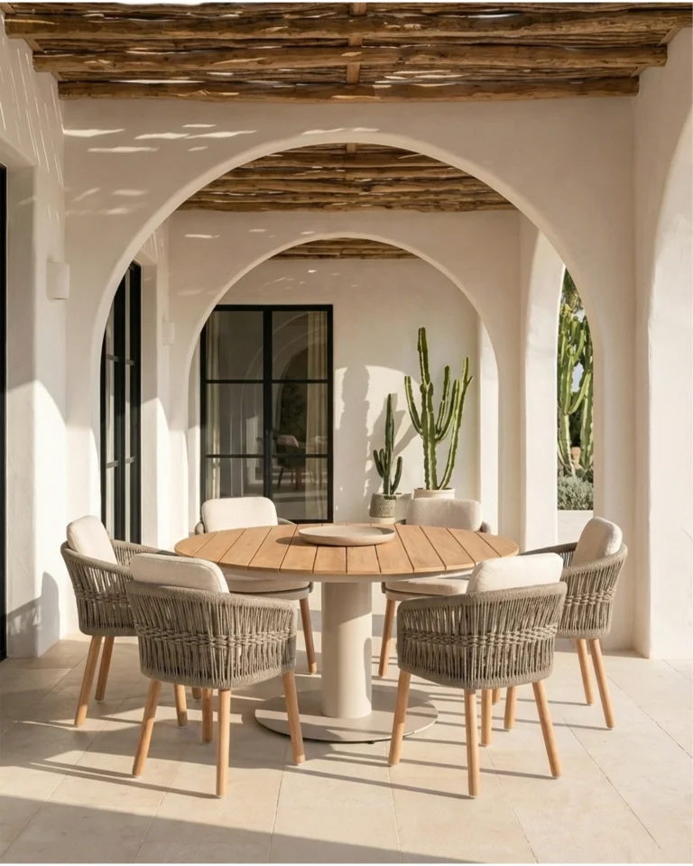 Conjunto de comedor redondo 6 plazas teca y cuerda