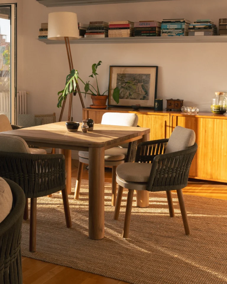 Teak and taupe rope garden dining chair