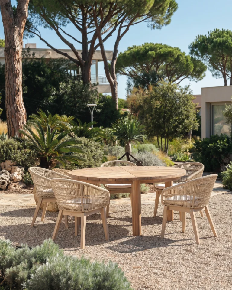 Conjunto de comedor madera redonda 150 y cuerda 6 plazas