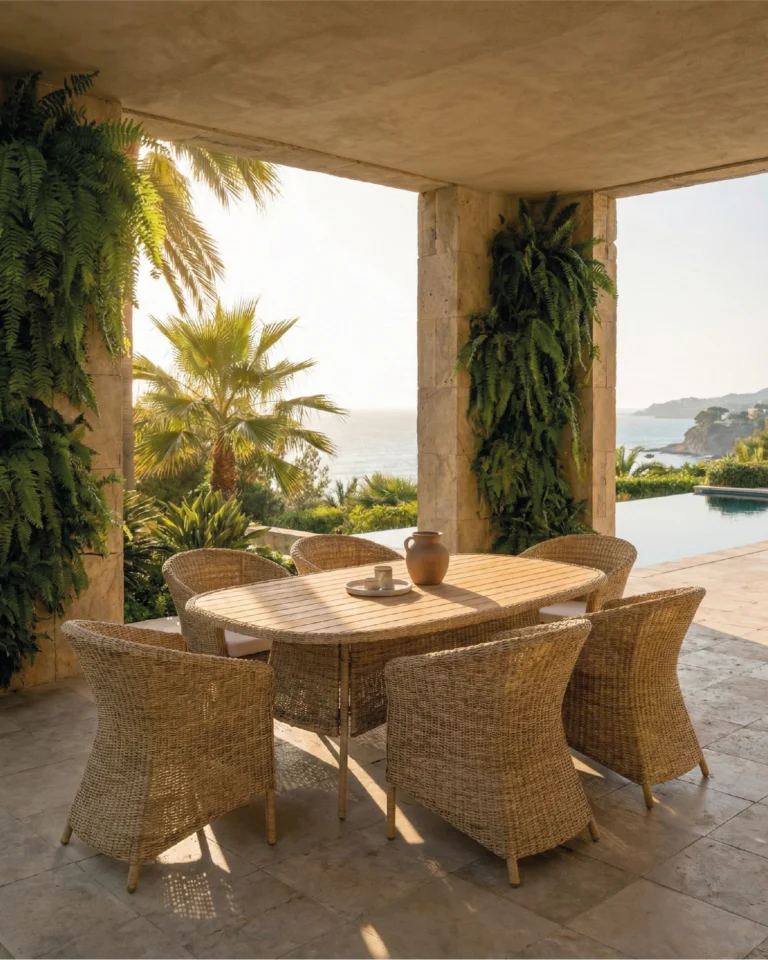 Mesa oval de comedor ratán sintético y madera teca 180x110