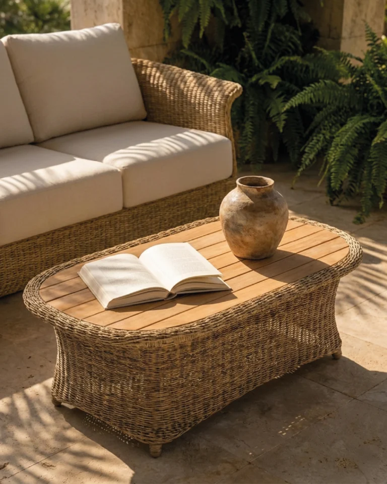 Oval low table synthetic rattan and teak wood 120x65