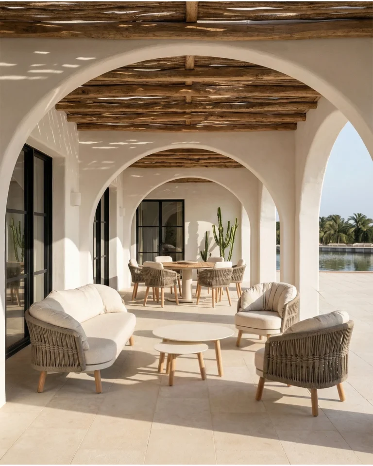 Décor extérieur 5 places en teck et corde avec 2 tables