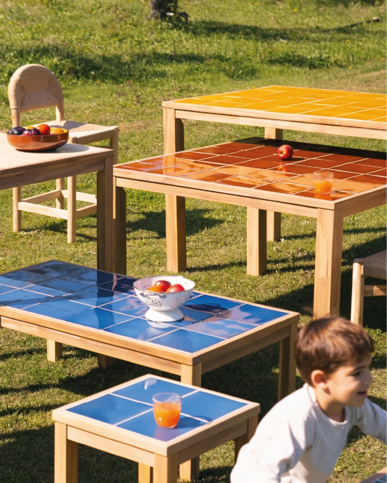 Mesa alta bar rectangular madera y cerámica artesanal 207x106x90