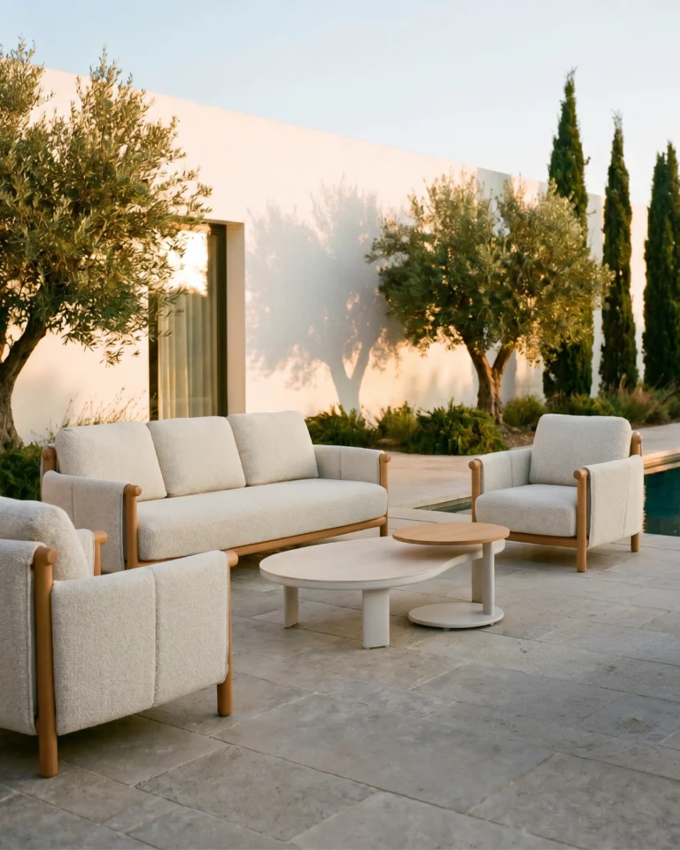 Conjunto de sofas exterior con 2 mesas aluminio imitación madera