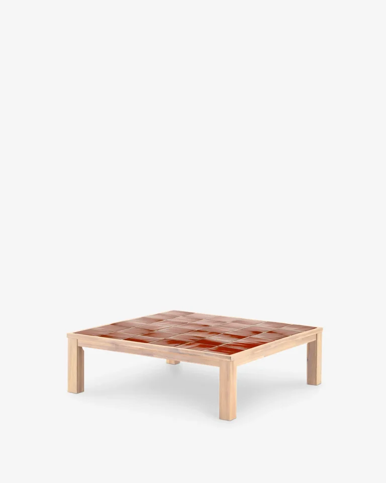 Mesa baja cuadrada madera y cerámica artesanal 127x127x40