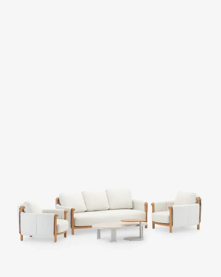 Conjunto de sofas exterior con 2 mesas aluminio imitación madera