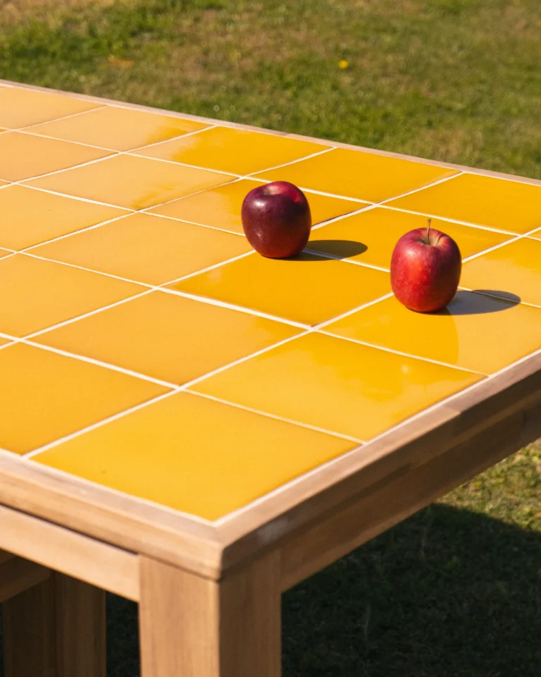 Mesa baja rectangular madera y cerámica artesanal 207x106x40