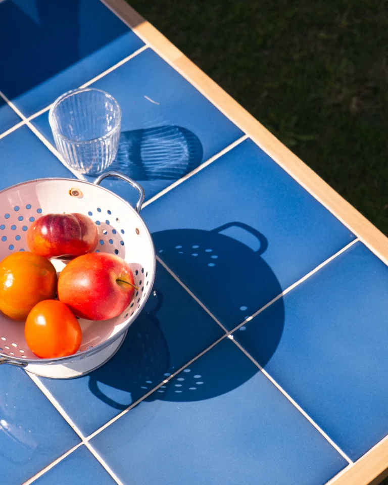 Mesa alta bar rectangular madera y cerámica artesanal 207x106x90